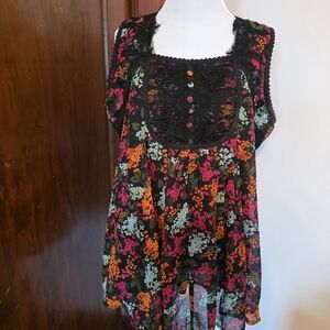 Roaman's Black Floral Crochet-Detail Sleeveless Tunic